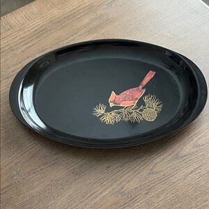 Couroc of Monterey Black Serving Platter with Inlaid Cardinal Motif